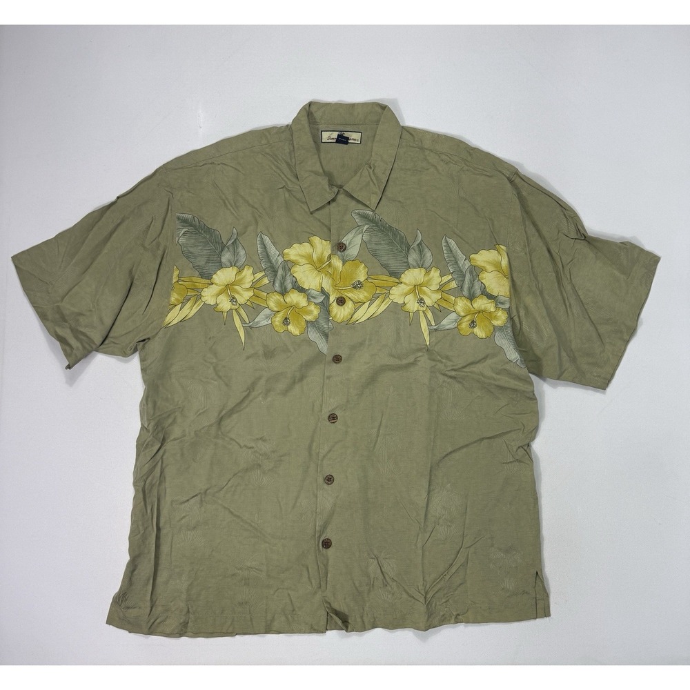 Tommy Bahama Men XL 100% Silk Button Shirt Green Floral Vacation Loop Collar